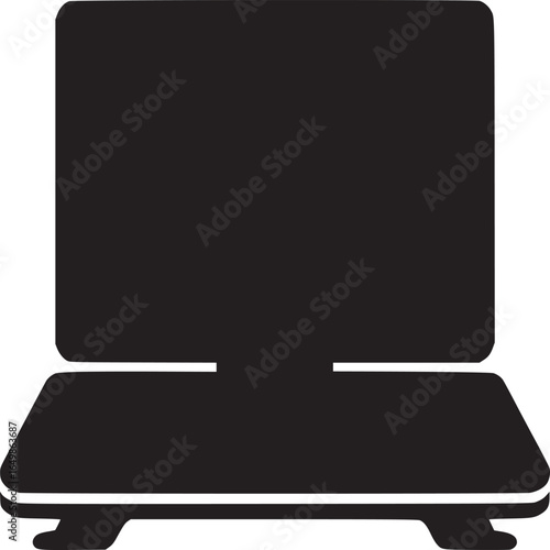 A simple black and white silhouette of a laptop computer with a white background illustration