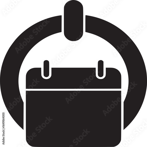 A black and white illustration of a calendar icon with a circular power button above it design