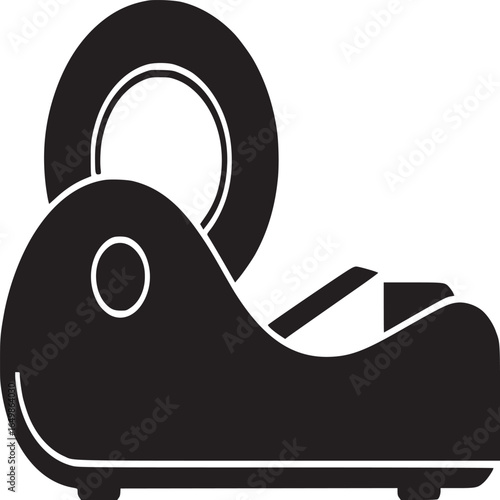 A black and white graphic of a tape dispenser with tape roll on a white background surface view