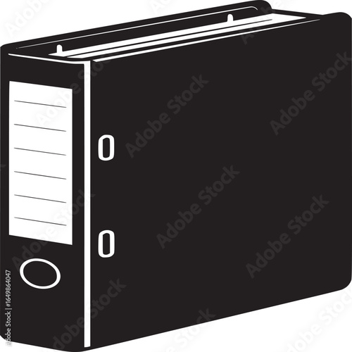 A black and white illustration of a ring binder with label and two metal rings on the side