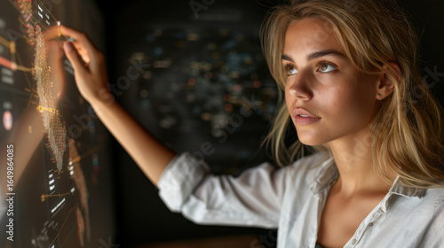 Wallpaper Mural Young woman interacts with digital interface, showcasing futuristic environment. Her focused expression suggests engagement with technology and data visualization Torontodigital.ca