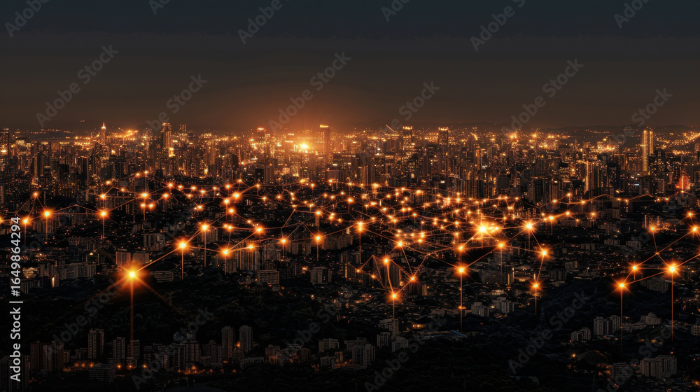 Fototapeta premium Stunning cityscape at night, showcasing vibrant urban skyline illuminated by countless lights. intricate network of glowing connections adds sense of energy and modernity to scene