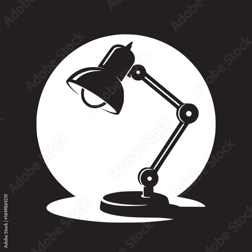 A black and white illustration of an adjustable desk lamp against a circular white backdrop design
