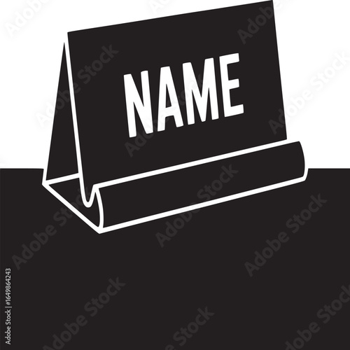 A black and white graphic image of a name plate with the word name written on it in white lettering