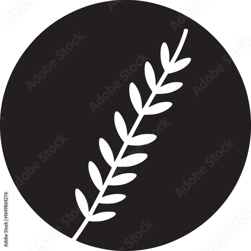 White leafy branch in a black circle against a white background in a simple minimalist style