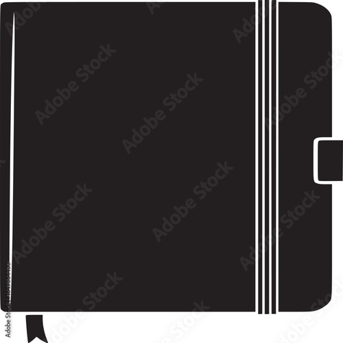 A black notebook with a bookmark and a strap on a white background in a minimalist style design