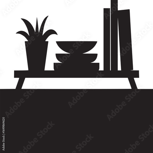 Silhouette of a potted plant, stacked bowls, and books on a shelf against a white background design