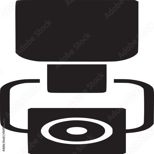 A black and white graphic of a camera flash unit with a white background in a minimalist style