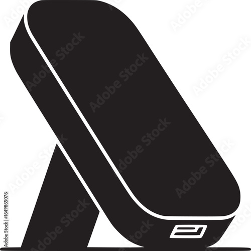 A black and white image of a wireless charging stand for a phone or other electronic device on white