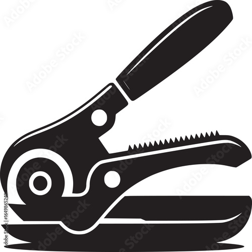 A black and white vector illustration of a metal hole punch with a handle and jagged edge detail