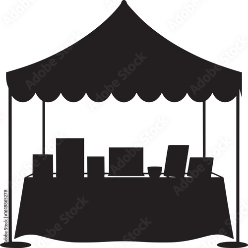 A silhouette of a vendor tent with a draped table and various merchandise items displayed on top of it