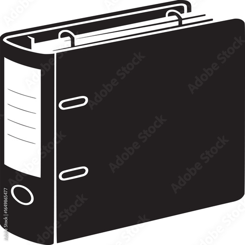 A black ring binder with white label and two metal rings visible against a white background image