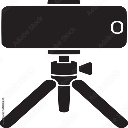 A black silhouette of a smartphone mounted on a tripod against a plain white background image view