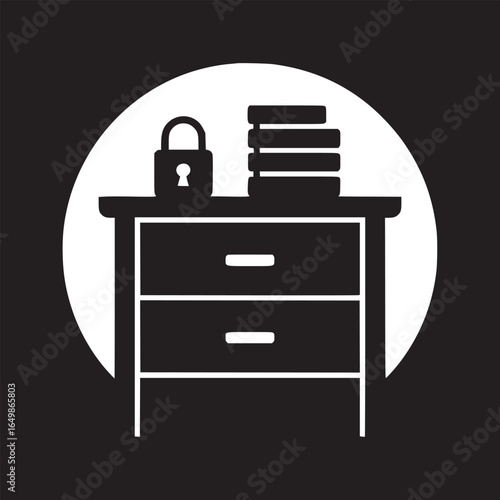 A black and white illustration of a dresser with a lock and books in a circular background art