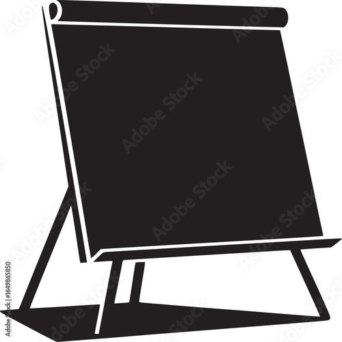 A black and white silhouette image of a flip chart on a stand against a white background studio shot