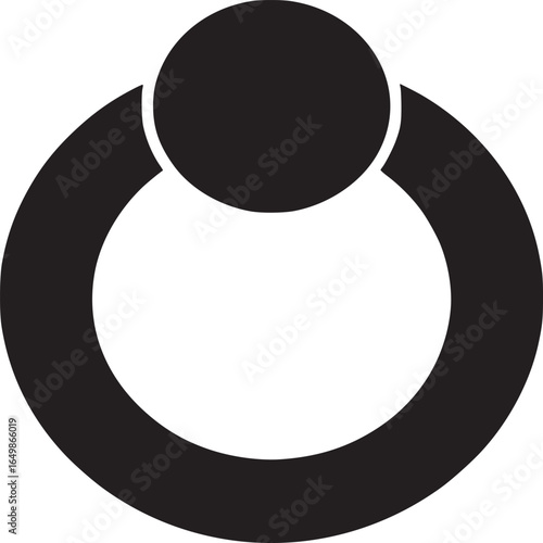 A graphic illustration of a black circle connected to a ring on a white background in simple style