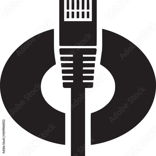 A minimalist illustration of a black ethernet cable with a circular background on white paper