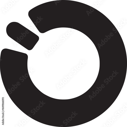 A black circular shape with a gap and a small rectangle on a white background in a minimalist style