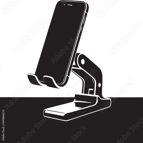 A black and white illustration of a smartphone resting on a stand against a split background design