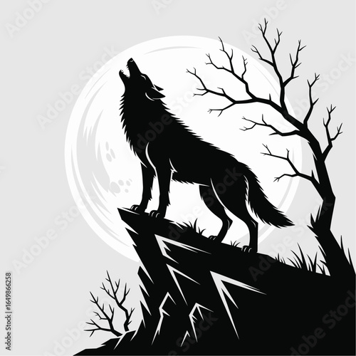 A single vector silhouette of a Wolf howling at the Full Moon, designed in a dramatic and eerie Halloween style 