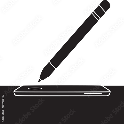 A black and white illustration of a stylus hovering above a tablet on a contrasting background design