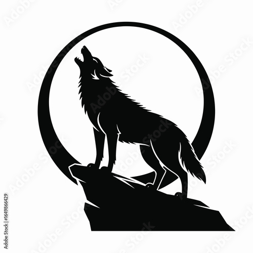 A single vector silhouette of a Wolf howling at the Full Moon, designed in a dramatic and eerie Halloween style 