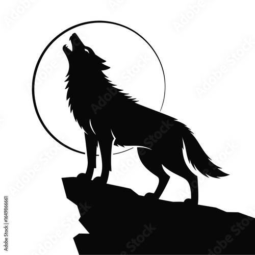A single vector silhouette of a Wolf howling at the Full Moon, designed in a dramatic and eerie Halloween style 