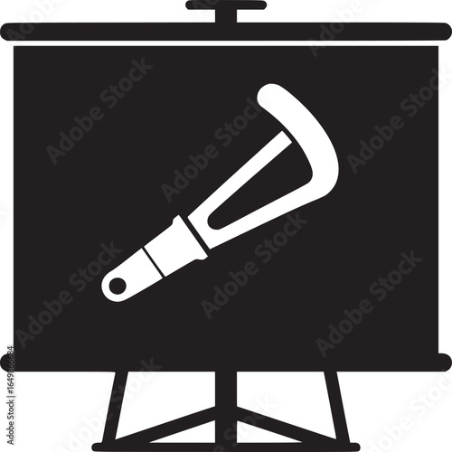 Illustration of a black and white presentation board with a dental tool in the center area