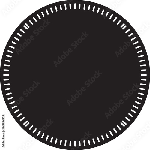 A black circle with white dashes around the perimeter on a white background in a simple illustration