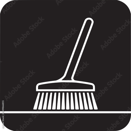 A black square icon featuring a white outline of a broom with a handle and bristles on a white line