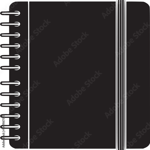 A black notebook with a spiral binding on the left side and a white elastic band on the right side