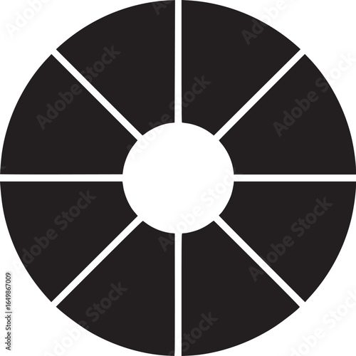 A black and white circular pattern divided into eight sections with a white circle in the center