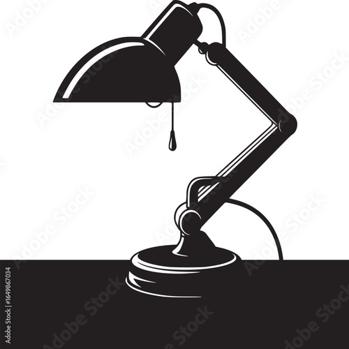 Illustration of a black desk lamp with adjustable arm on a black surface against white background