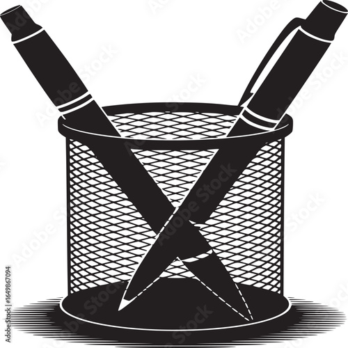 Two pens in a wire mesh pen holder with a round base rendered in black and white illustration