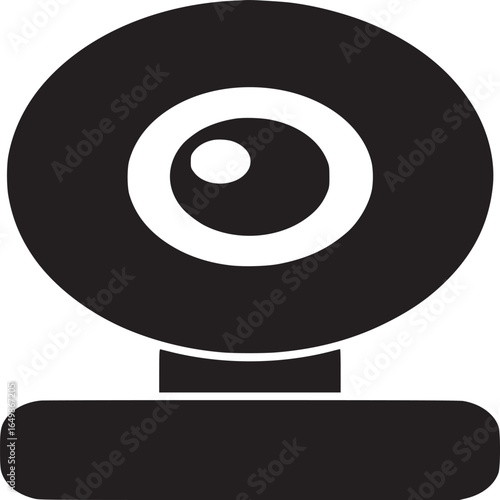 A simple black and white illustration of a webcam with a circular lens and a rectangular base