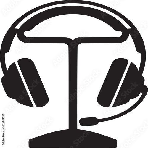 Stylized black and white image of a headset with a microphone on a stand in a simple design
