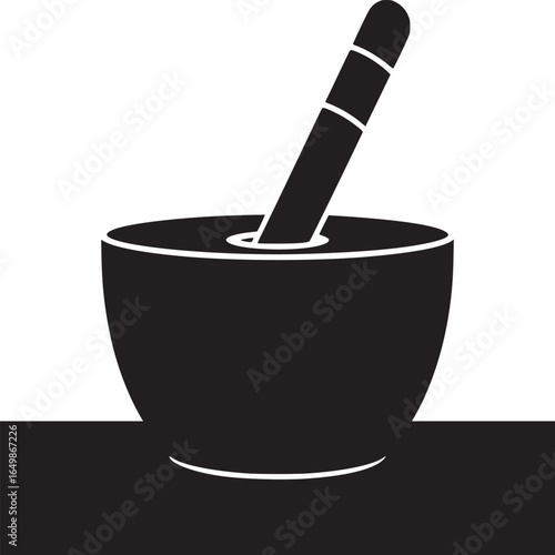 A black and white image of a mortar and pestle with a white background and a black foreground
