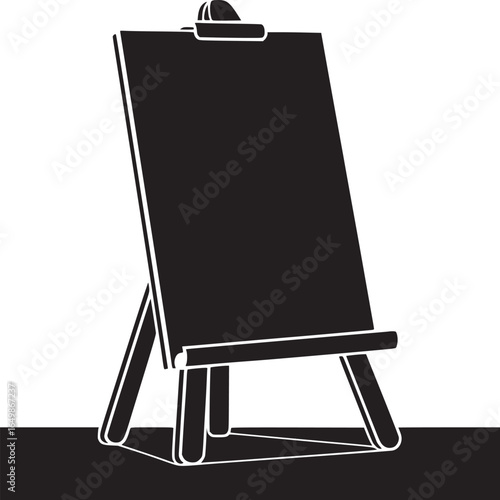 A black and white illustration of an easel with a blank canvas ready for artistic creations