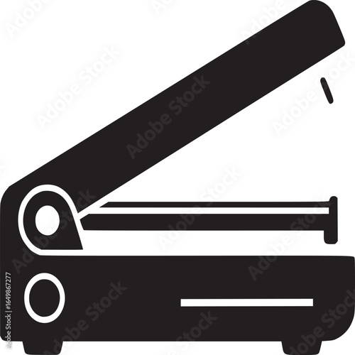 A graphic illustration of an open black stapler against a white background in a minimalist style
