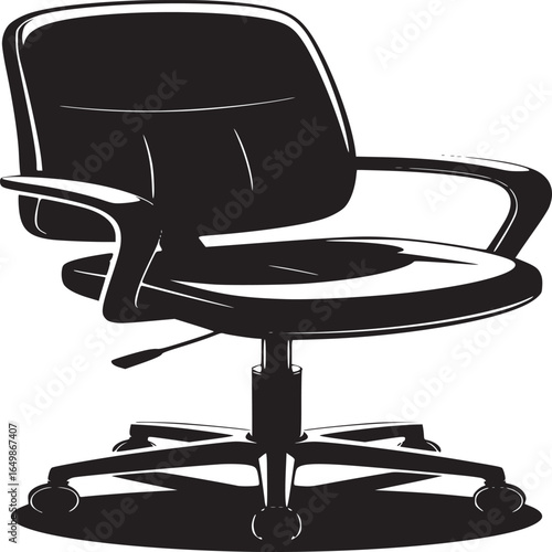 A black and white illustration of an office chair with armrests and a wheeled base on a white background