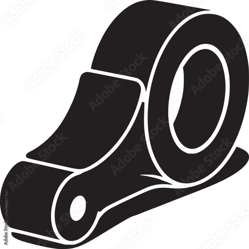 A black and white graphic illustration of a tape dispenser with a roll of tape on a white background
