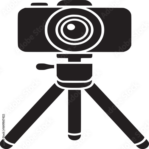 A black and white graphic of a camera on a tripod against a white background in a simple style