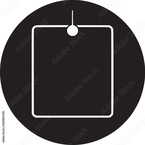 A black circle containing a white outlined square tag hanging from a string with a white circle above it