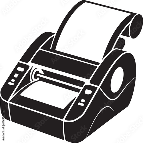 A black and white graphic illustration of a receipt printer with paper coming out of the top