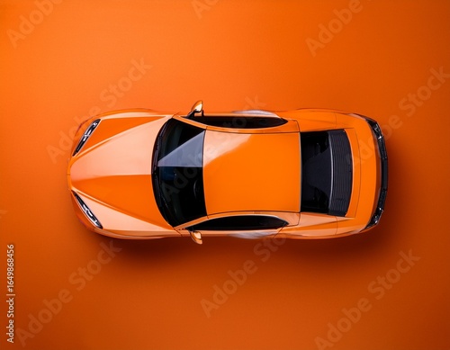 top view of an orange sports car placed on a vibrant orange background showcasing its sleek and modern design