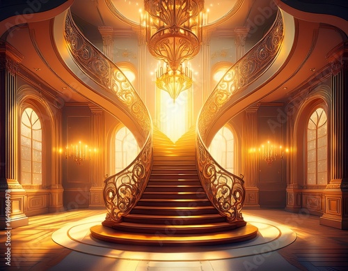 a beautiful spiral staircase an open hall with chandeliers yellow beaming light in the big hall beauty and the beast inspired