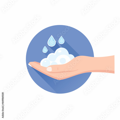Flat vector icon of a hand washing with soap bubbles, representing hygiene and healthy daily habits, isolated on white background.