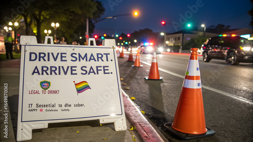 A premium nighttime DUI checkpoint setup illuminated under the vibrant energy of a summer city night