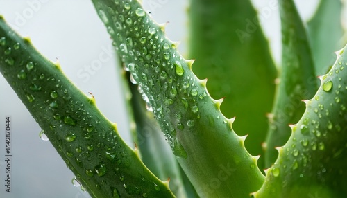 close up view of green aloe vera leaves covered in glistening water droplets after a recent rain shower the drops enhance the texture and beauty of the succulent leaves