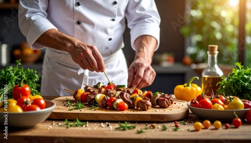 Wallpaper Mural Chef Preparing Skewers with Vegetables and Meat in a Bright Kitchen Setting Torontodigital.ca